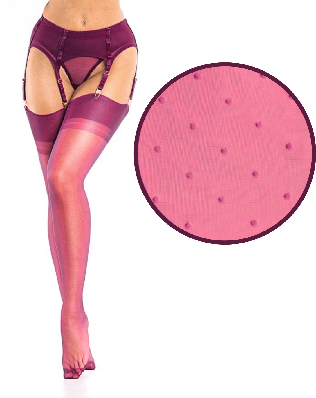 Model wearing plum garter stockings with a close-up inset showing textured fabric detail.